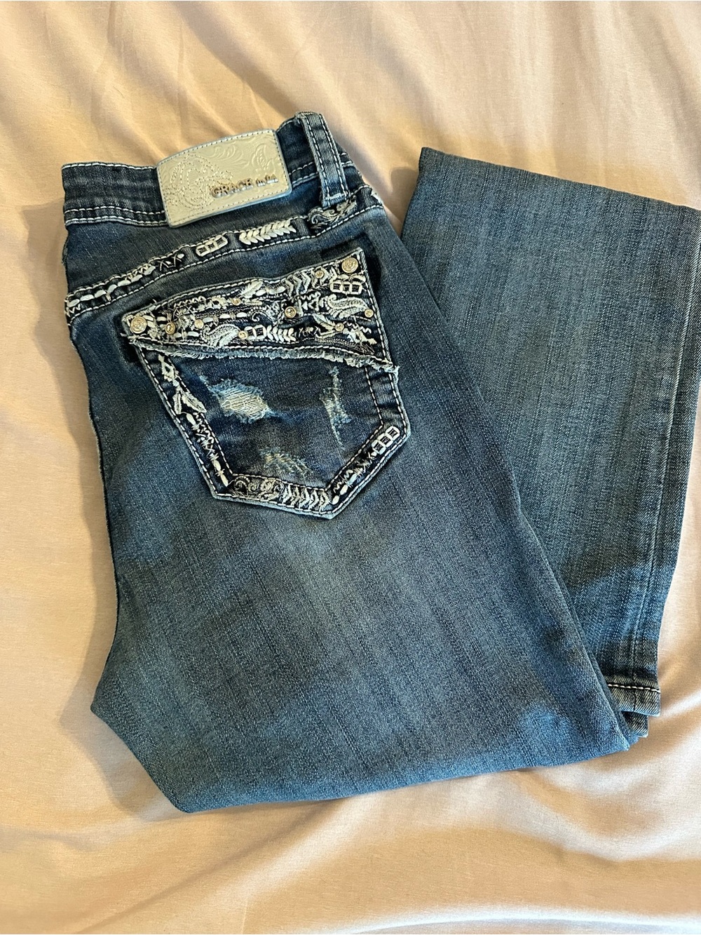 Grace Blue Boot Cut Jeans with Embroidered Back Pocket